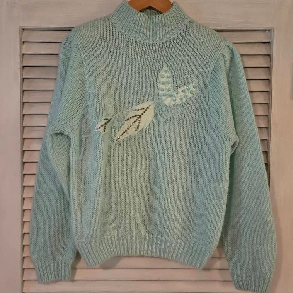 VTG Mint Green Sweater Leaf & Butterfly Applique Lace & Bead Accent Small